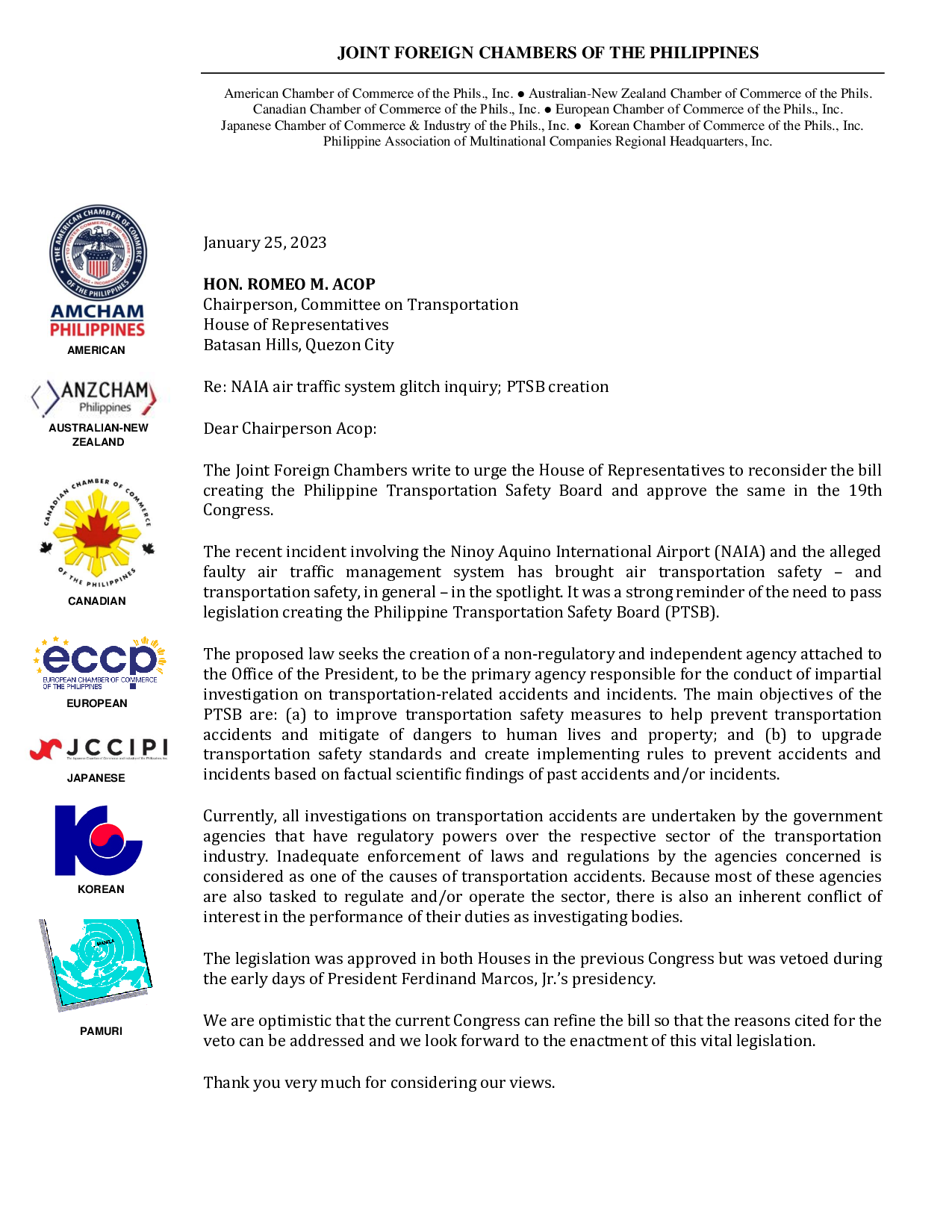 JFC letter to House Transportation Committee Chair Acop expressing support for the creation of the PTSB