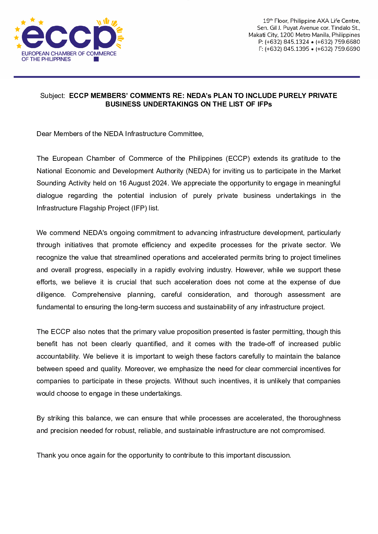 ECCP Members’ Comments Re: Neda’s Plan to Include Purely Private Business Undertakings on the List of IFPs