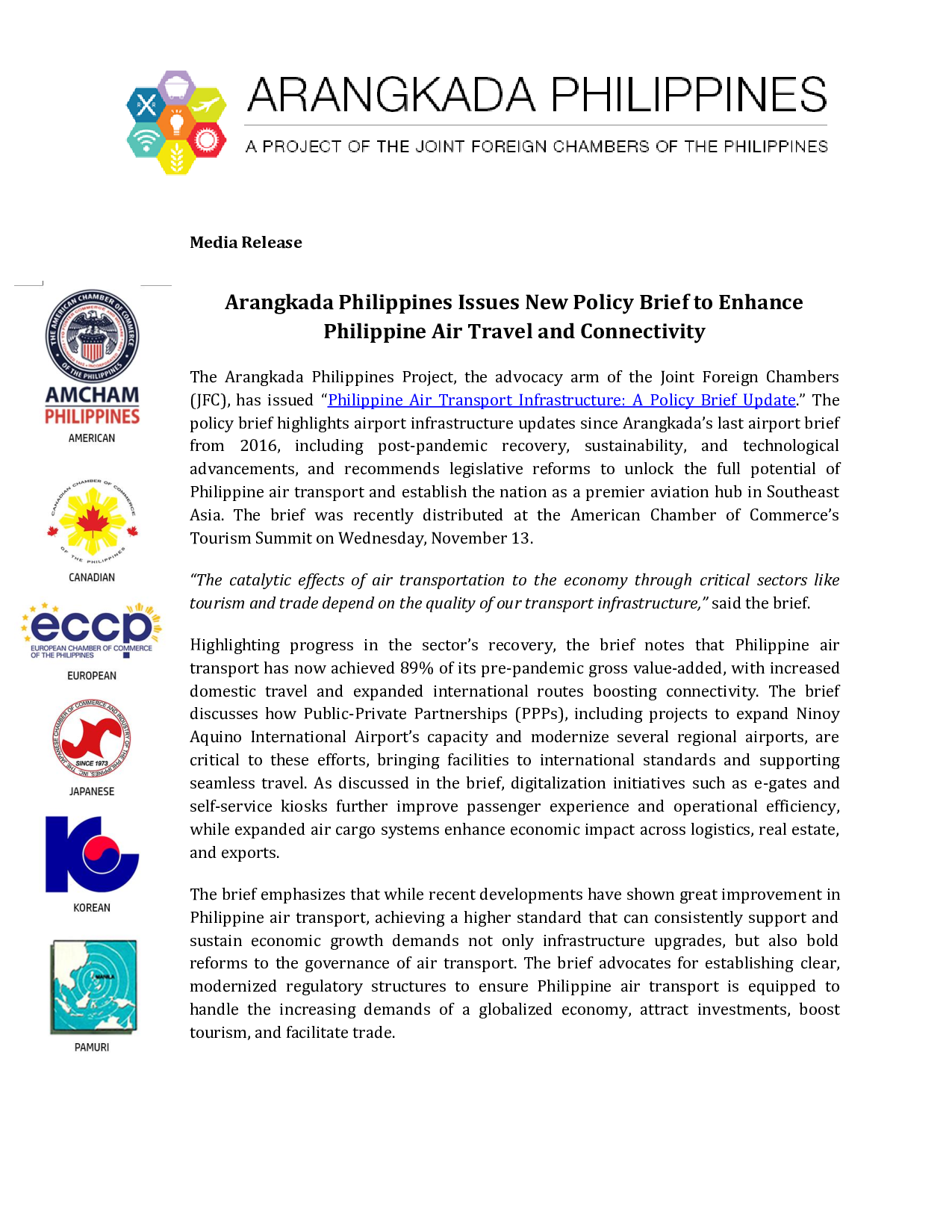 [MEDIA RELEASE] Arangkada Philippines Issues New Policy Brief to Enhance Philippine Air Travel and Connectivity