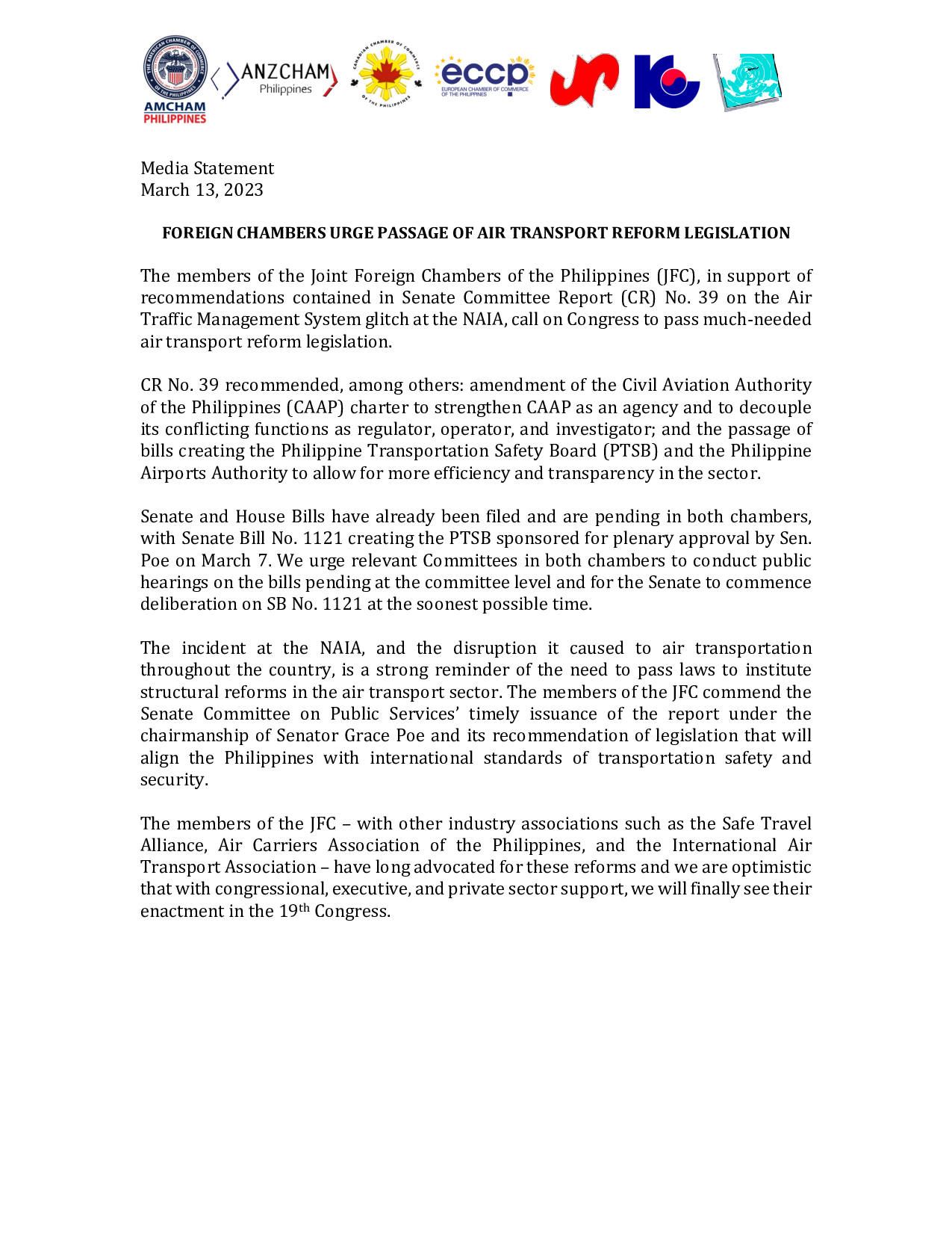 Media Statement: FOREIGN CHAMBERS URGE PASSAGE OF AIR TRANSPORT REFORM LEGISLATION