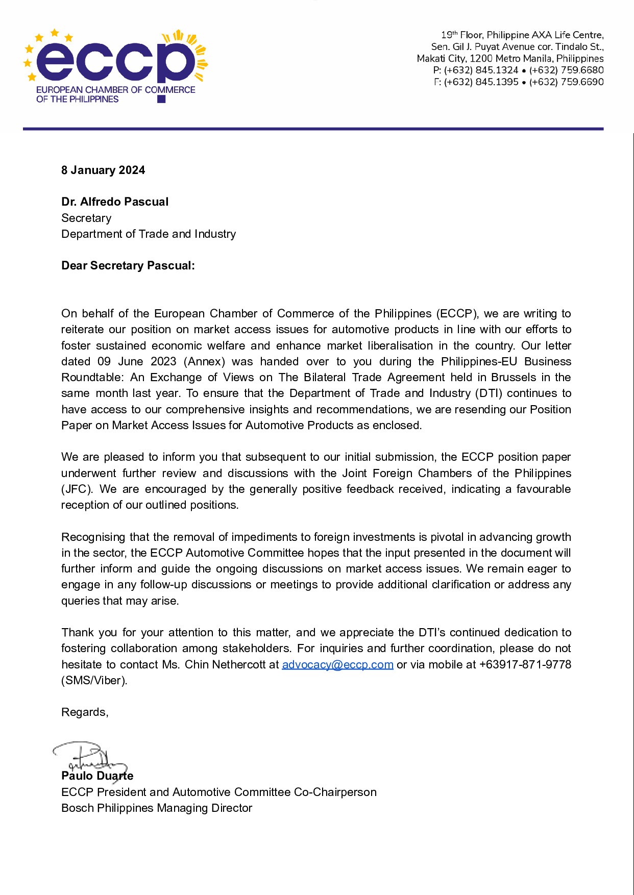 ECCP Position on Market Access Issues in the Automotive Industry