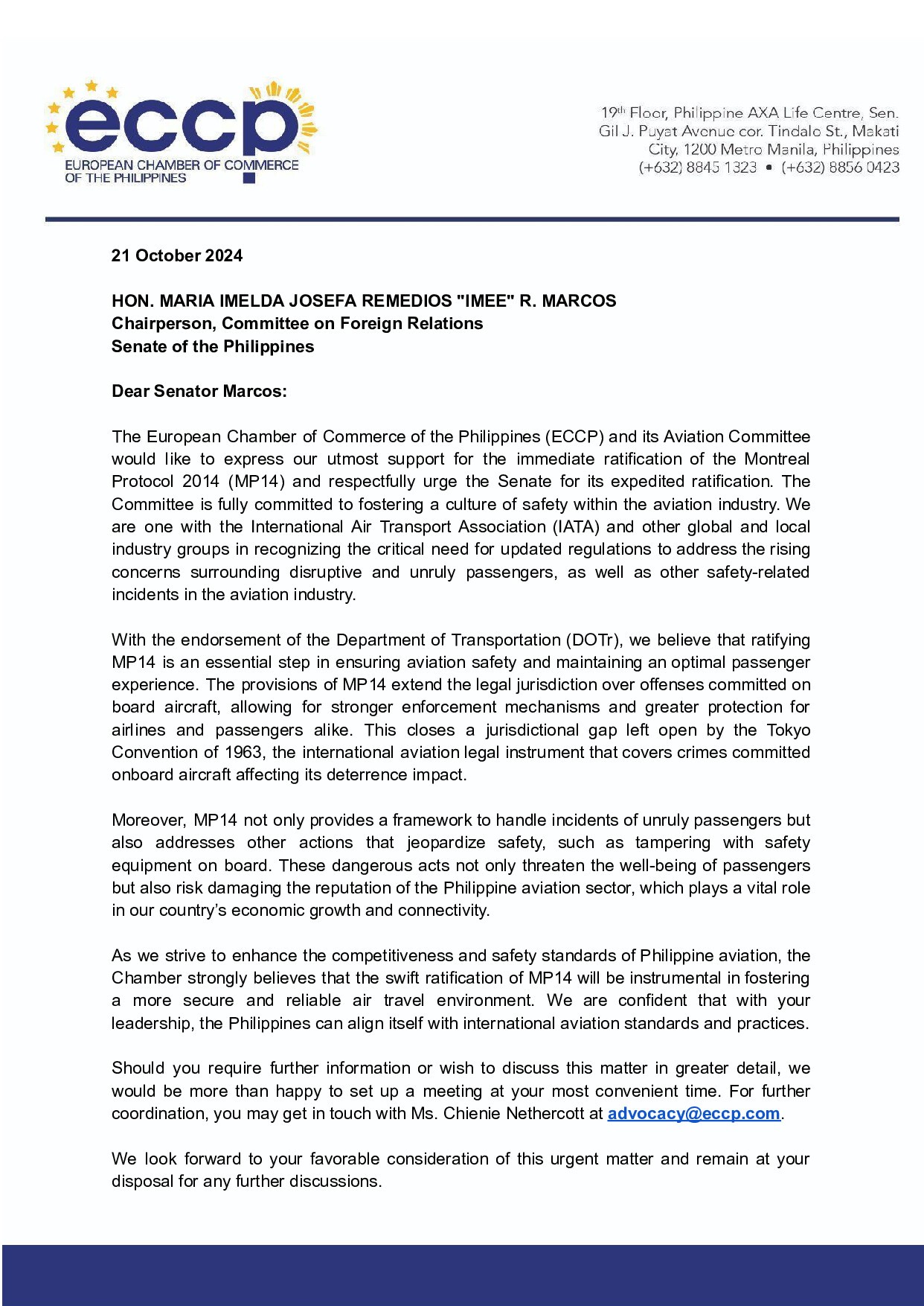 Letter of Support of the ECCP Aviation Committee on Montreal Protocol 2014